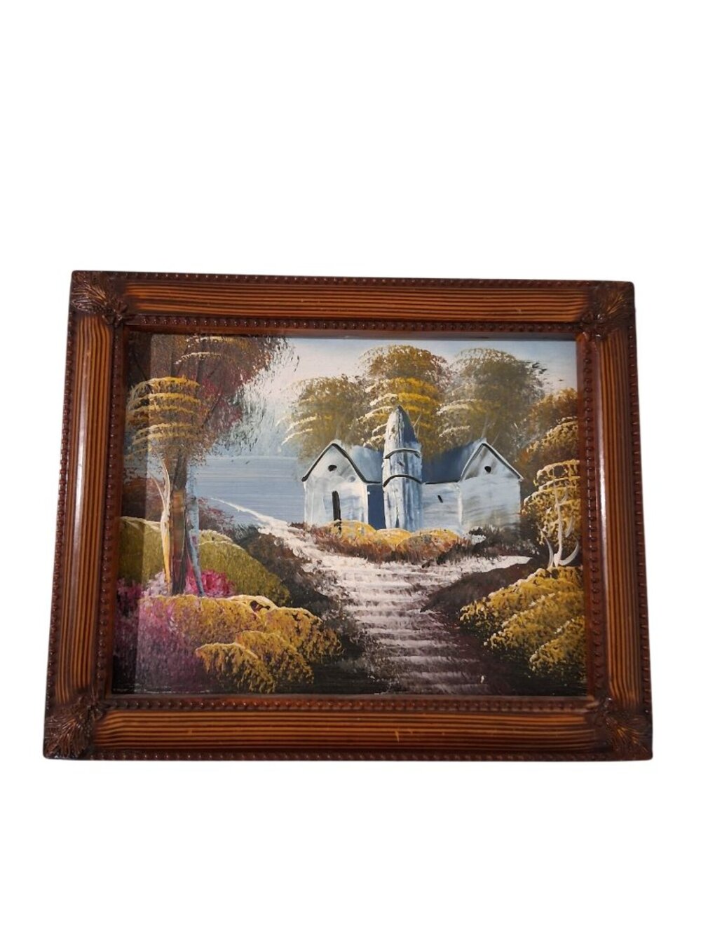 Vintage Hand Painted Framed Landscape Art With White House And Path Gallery Wall